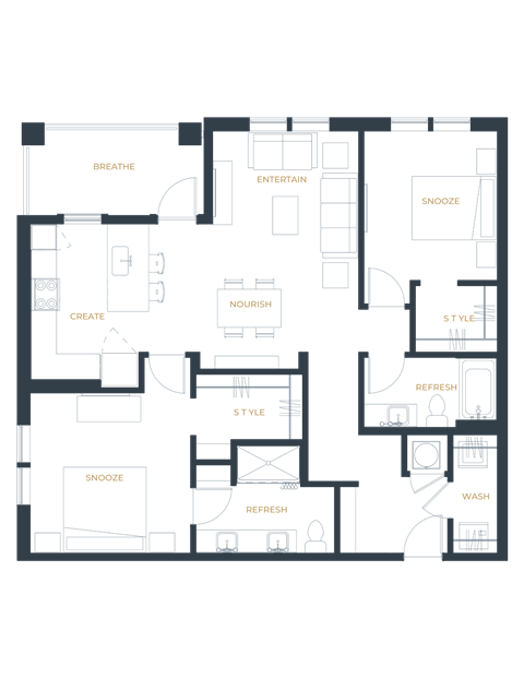 Floor plan for 2 beds, 2 baths, 1184 sqft